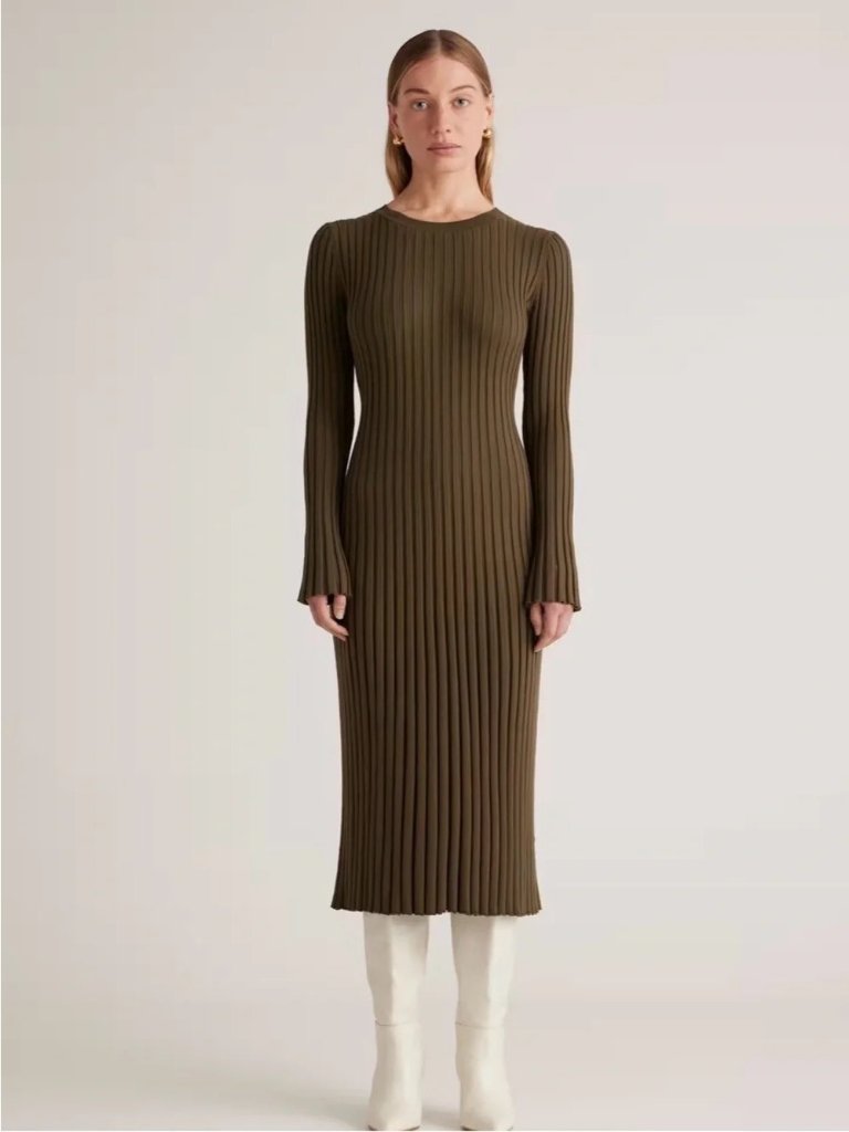 Quince Cotton Cashmere Ribbed Long Sleeve Crew Midi Dress Olive Green Large